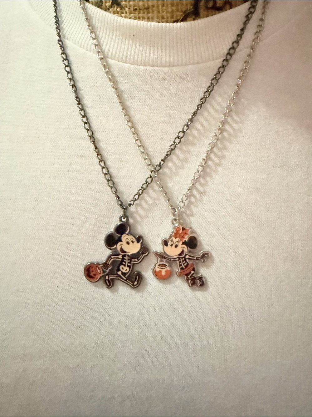 Halloween Mickey & Minnie Charm Necklace Set - Orange & Silver